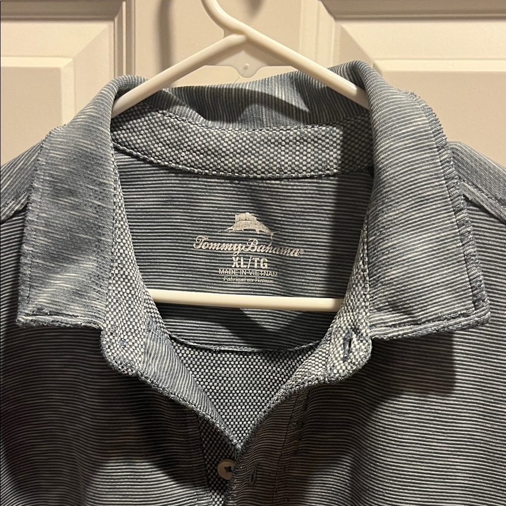 Tommy Bahama XL Men's thin stripes Slate Blue Polo relaxed beach shirt Cousins